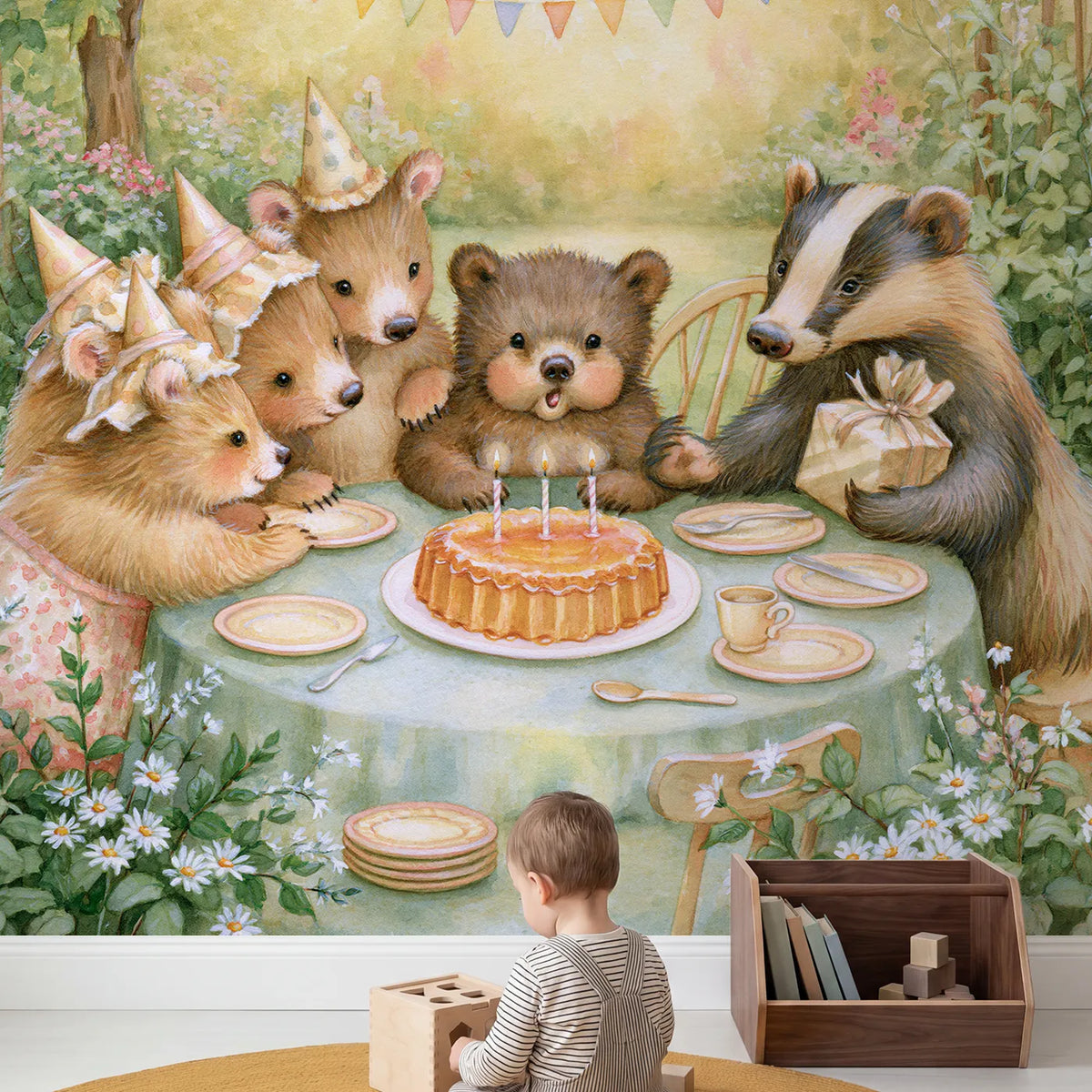 Child in nursery with The Honey Cake Birthday Wallpaper Mural by Whimsy Tots