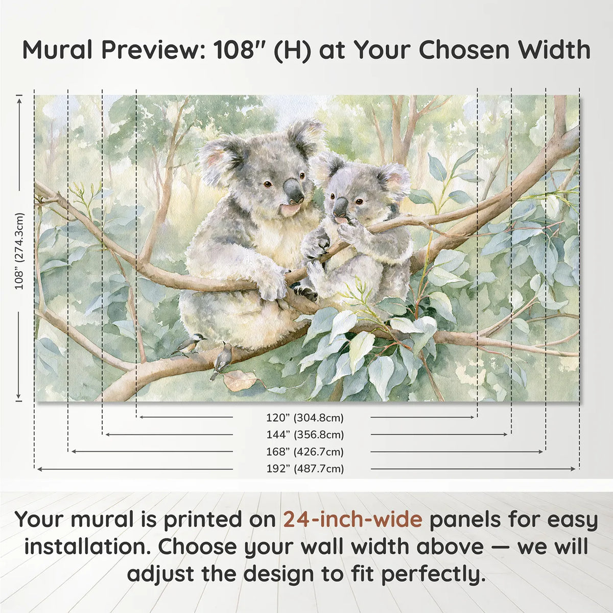 Panel layout and dimensions for Holding On Tight Wallpaper Mural by Whimsy Tots