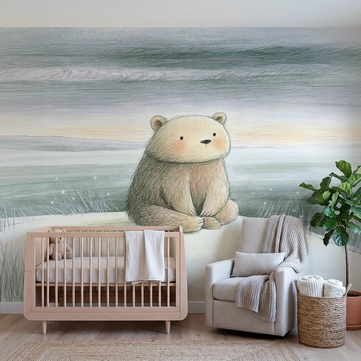 Colored-pencil wall mural of a soft cub sketch by Whimsy Tots