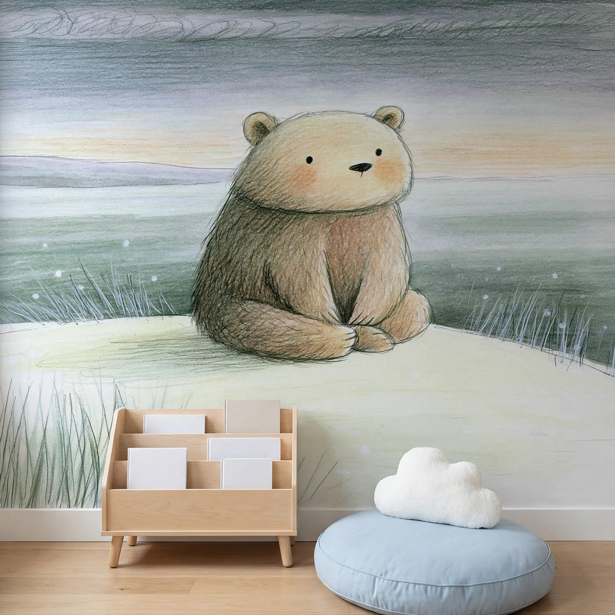 Child in nursery with Soft Cub Sketch Wallpaper Mural by Whimsy Tots