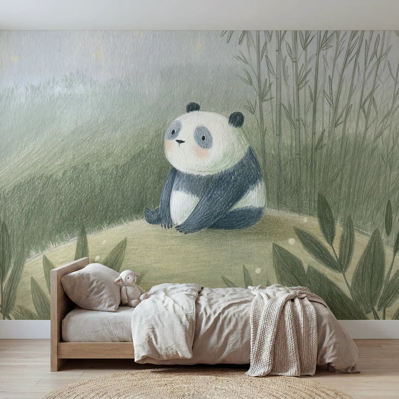 Colored-pencil wall mural of a gentle panda sketch by Whimsy Tots