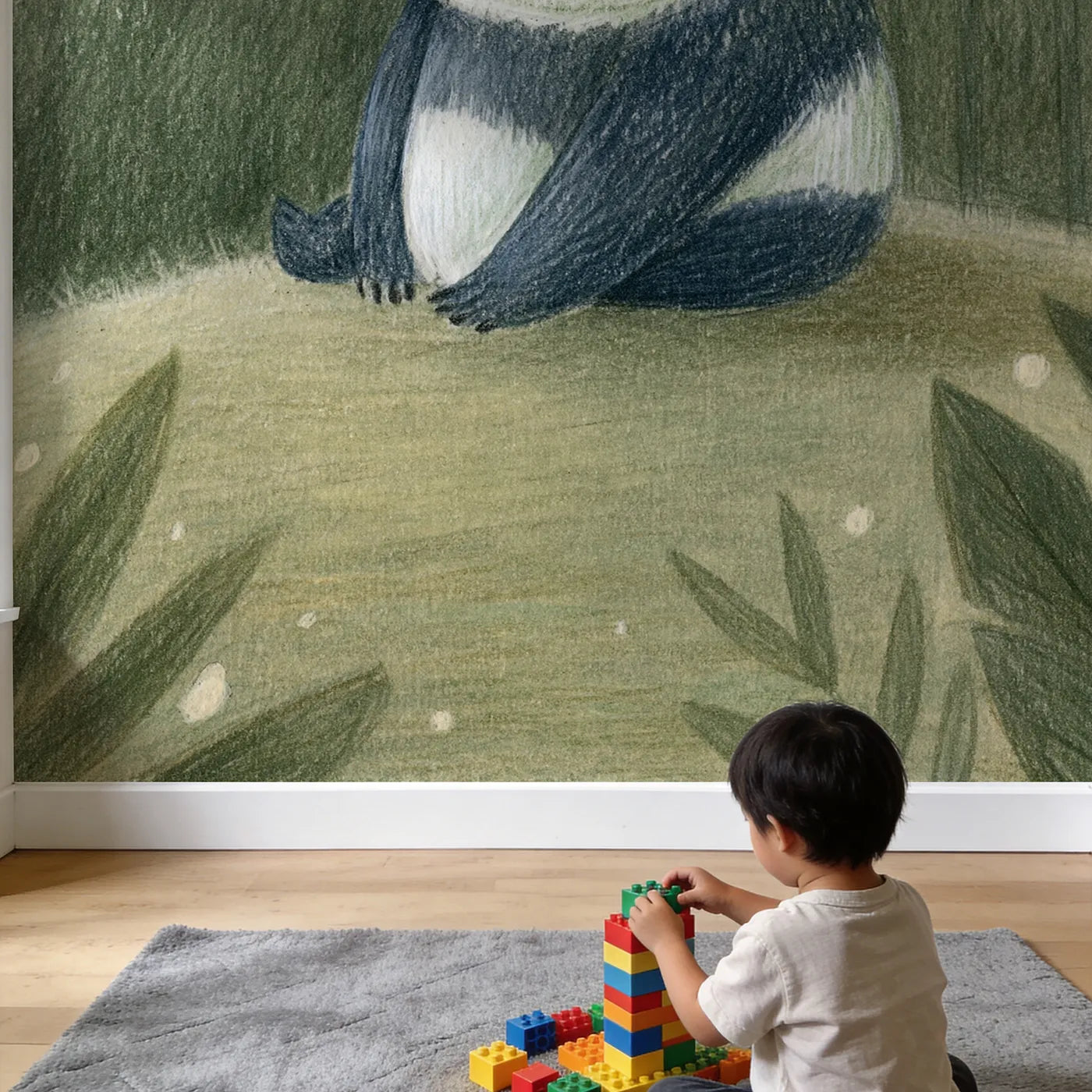 Child in nursery with Gentle Panda Sketch Wallpaper Mural by Whimsy Tots