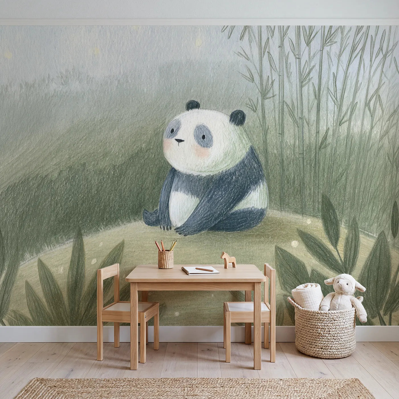 Gentle Panda Sketch Wallpaper Mural in playroom setting by Whimsy Tots