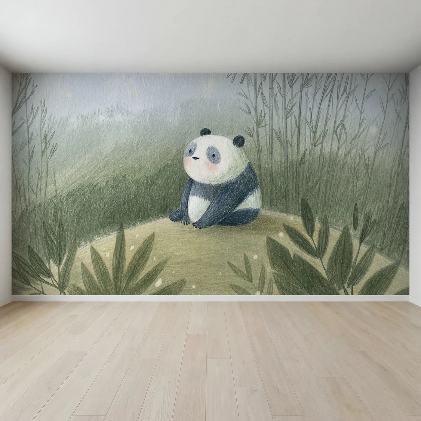 Full view of Gentle Panda Sketch Wallpaper Mural by Whimsy Tots