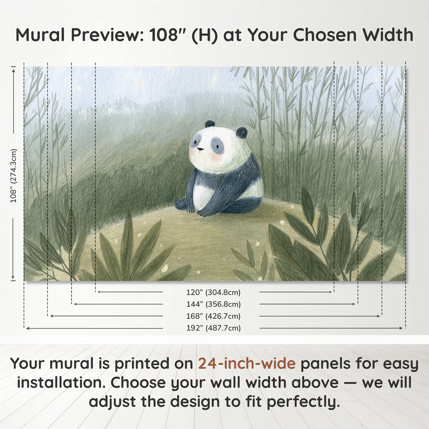 Panel layout and dimensions for Gentle Panda Sketch Wallpaper Mural by Whimsy Tots