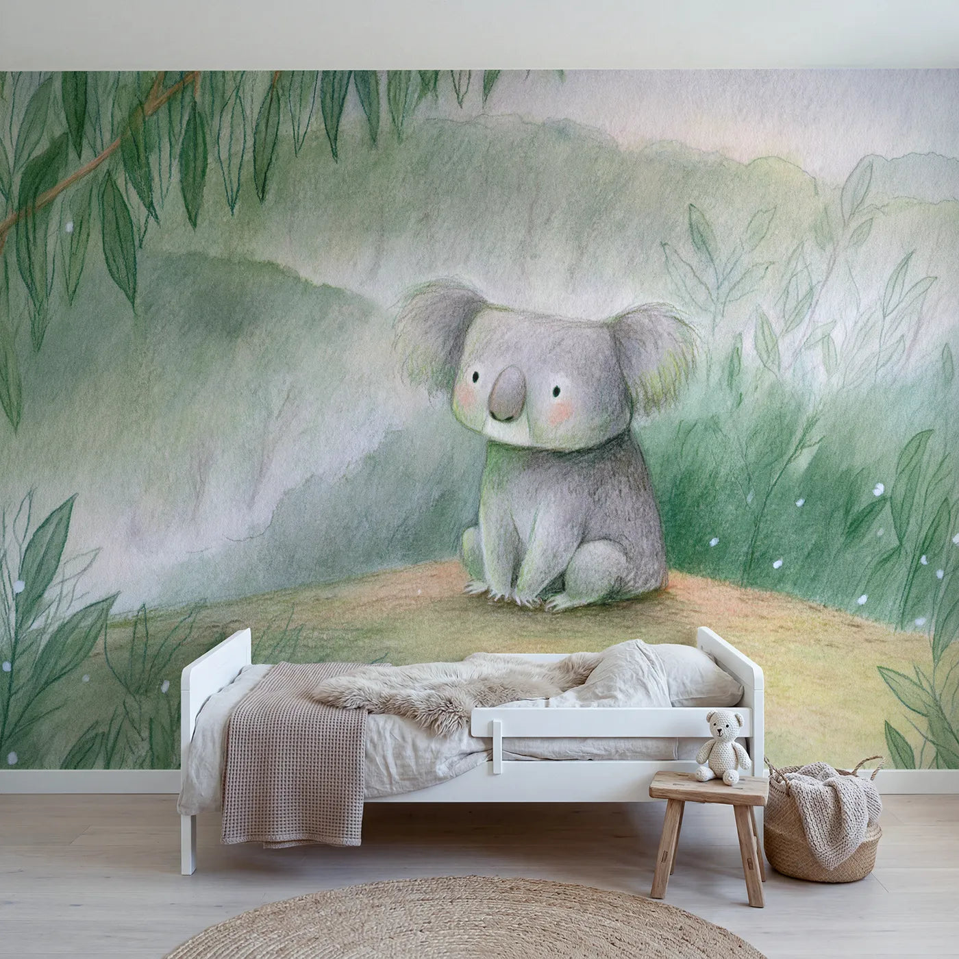 Colored-pencil wall mural of a soft koala sketch by Whimsy Tots