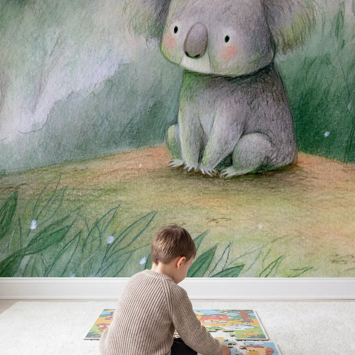 Child in nursery with Soft Koala Sketch Wallpaper Mural by Whimsy Tots