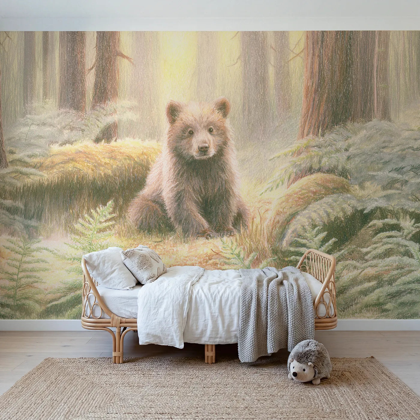 Colored-pencil wall mural of a little brown bear cub by Whimsy Tots