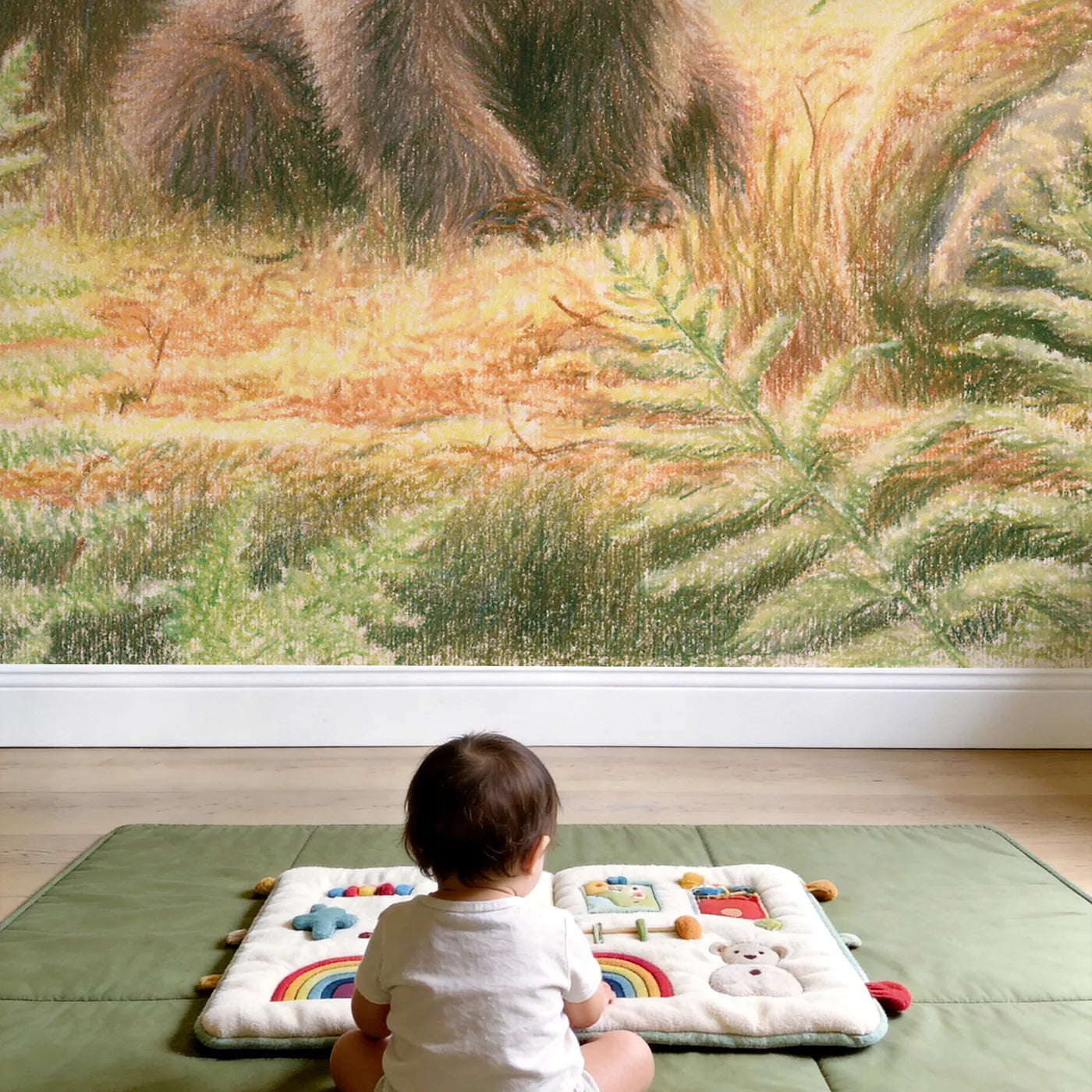 Child in nursery with Little Brown Bear Cub Wallpaper Mural by Whimsy Tots