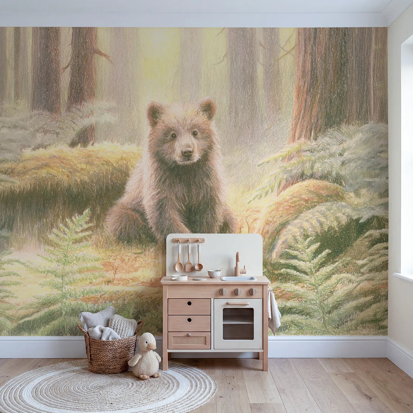 Little Brown Bear Cub Wallpaper Mural in playroom setting by Whimsy Tots