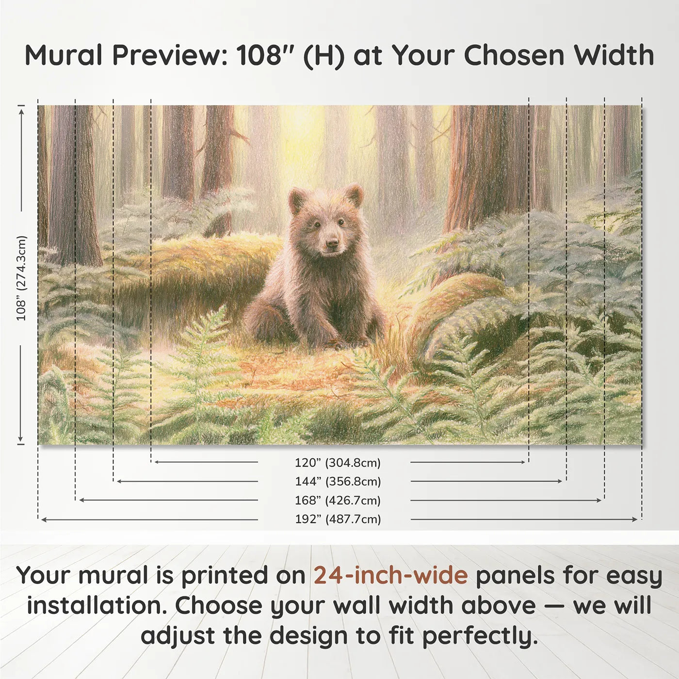 Panel layout and dimensions for Little Brown Bear Cub Wallpaper Mural by Whimsy Tots
