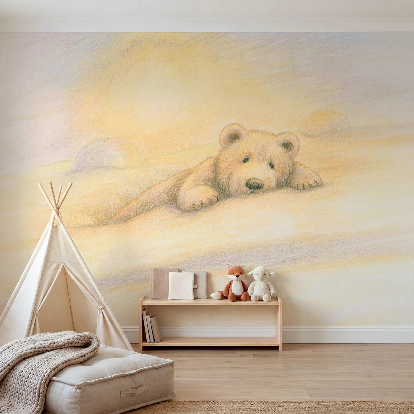 Colored-pencil wall mural of a soft cuddly teddy by Whimsy Tots