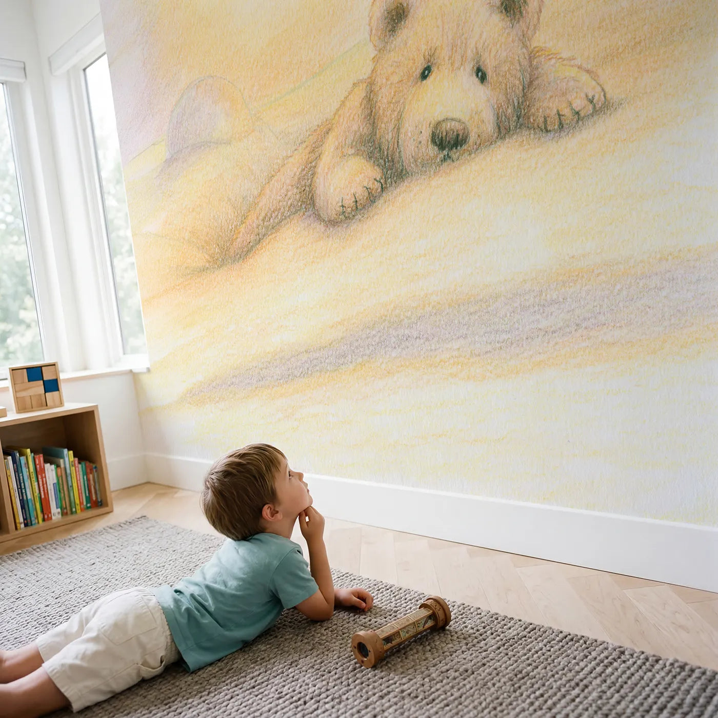 Child in nursery with Soft Cuddly Teddy Wallpaper Mural by Whimsy Tots