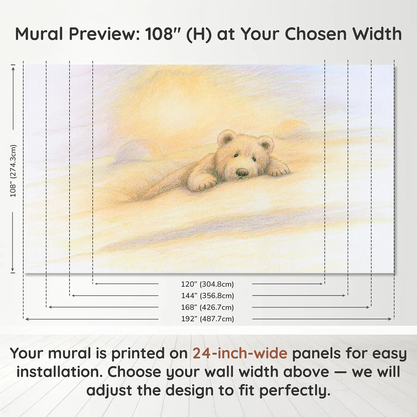 Panel layout and dimensions for Soft Cuddly Teddy Wallpaper Mural by Whimsy Tots