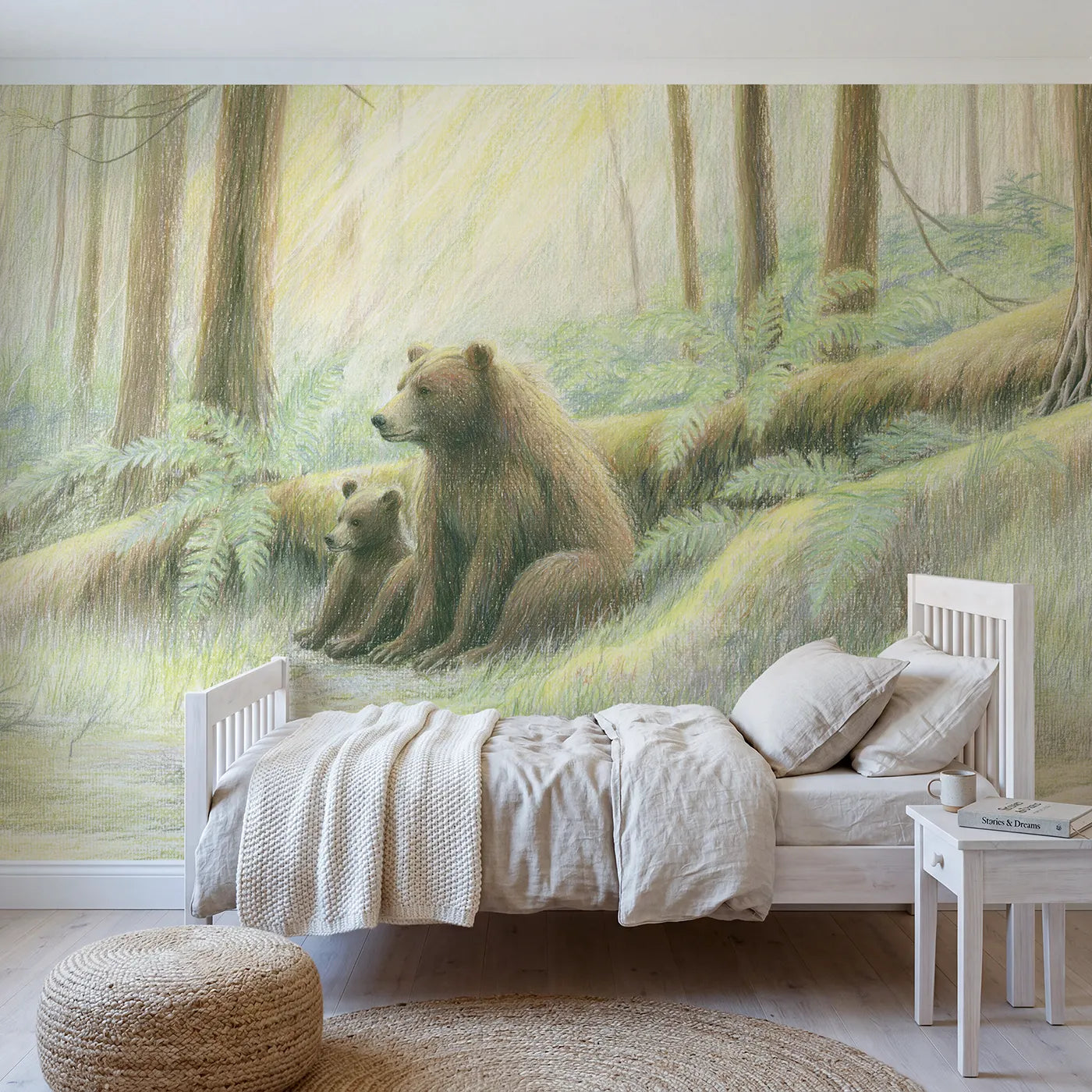Colored-pencil wall mural of a mother bear and cub by Whimsy Tots
