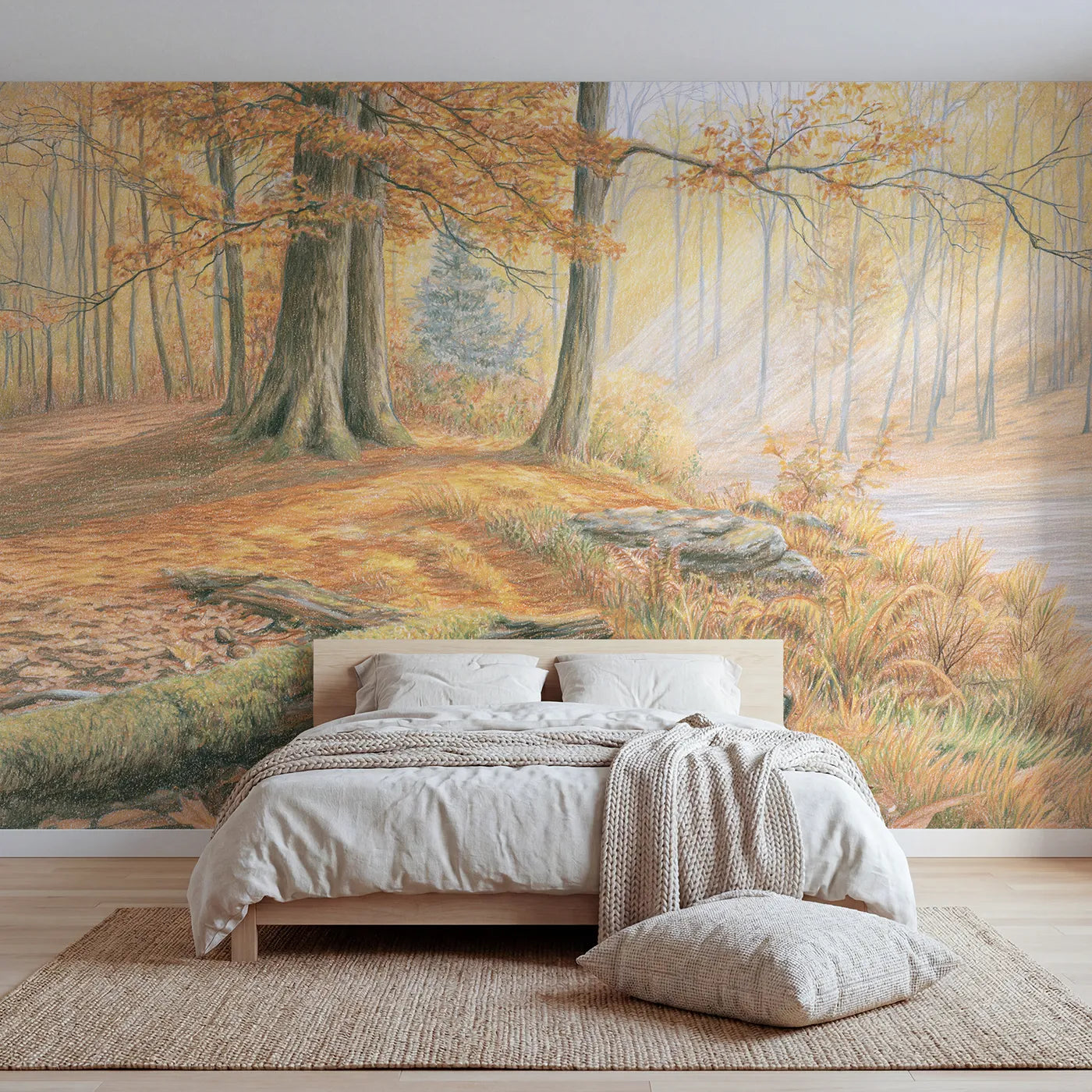 Colored-pencil wall mural of a quiet autumn woodland by Whimsy Tots