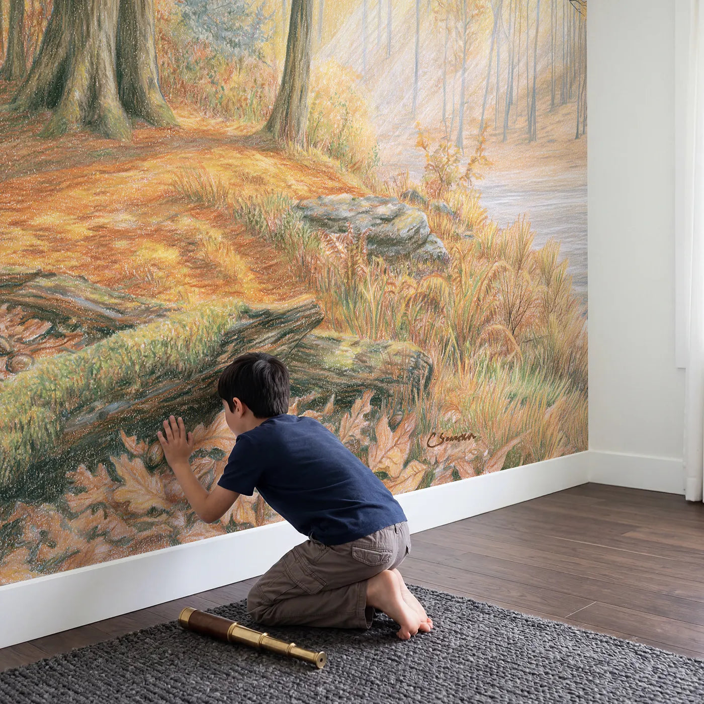 Child in nursery with Quiet Autumn Bear Wood Wallpaper Mural by Whimsy Tots
