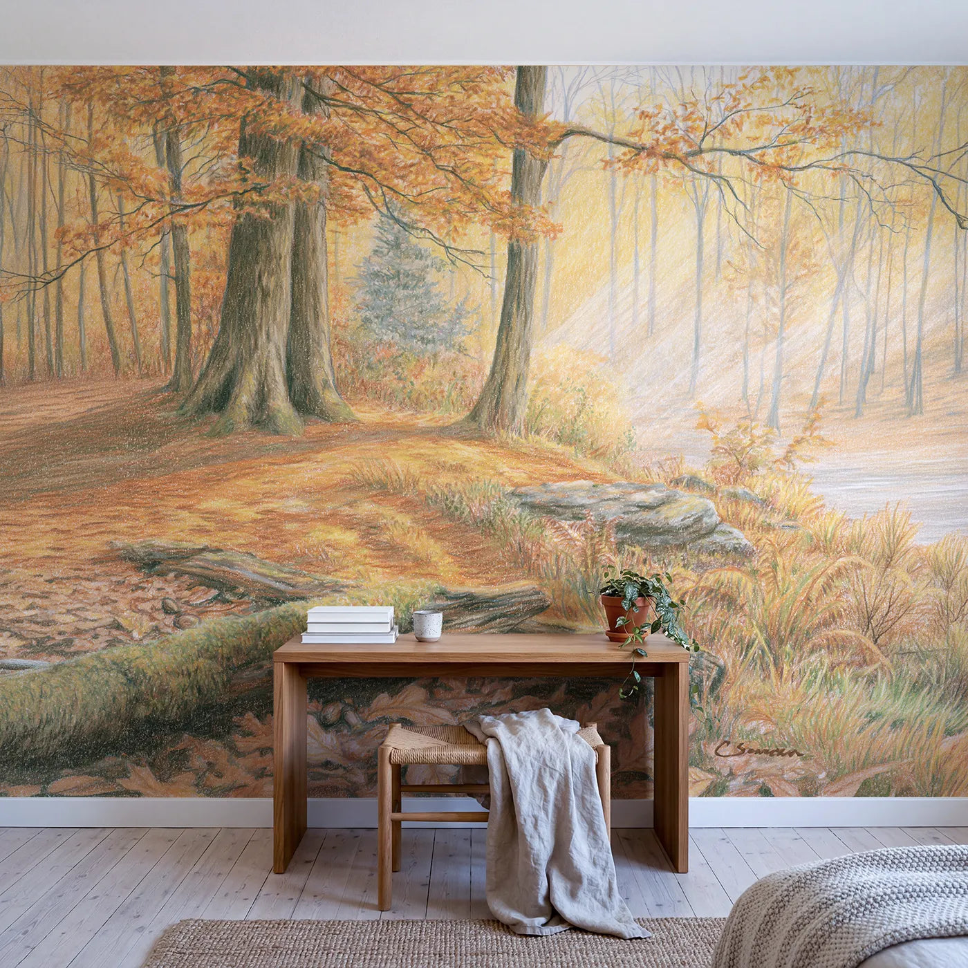 Quiet Autumn Bear Wood Wallpaper Mural in playroom setting by Whimsy Tots