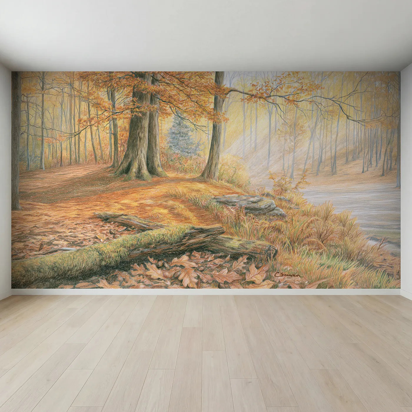 Full view of Quiet Autumn Bear Wood Wallpaper Mural by Whimsy Tots