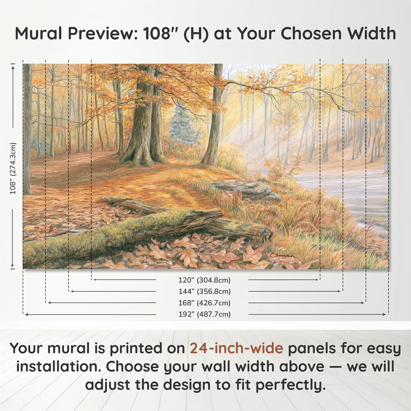 Panel layout and dimensions for Quiet Autumn Bear Wood Wallpaper Mural by Whimsy Tots