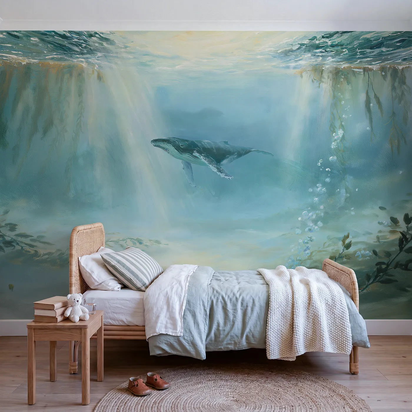 Watercolor wall mural of a humpback whale in sunbeams by Whimsy Tots