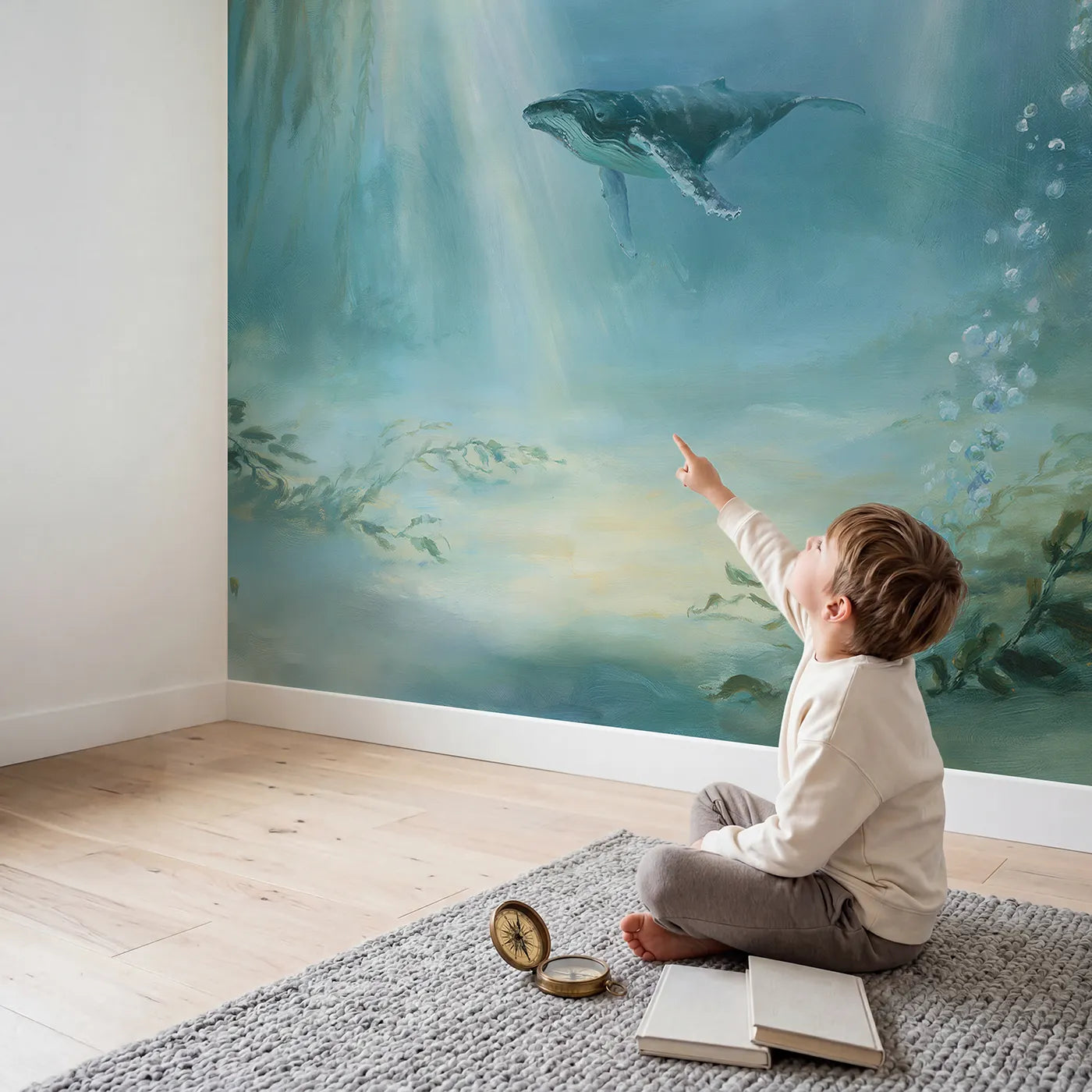 Child in nursery with Humpback Whale Drift Wallpaper Mural by Whimsy Tots