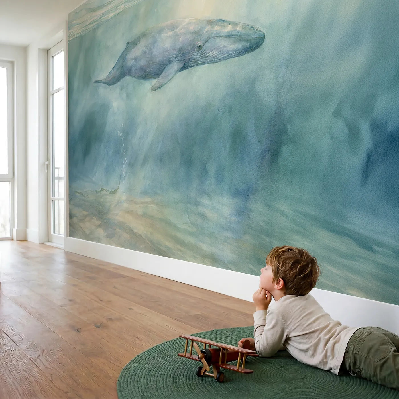 Child in nursery with Blue Whale Calm Wallpaper Mural by Whimsy Tots
