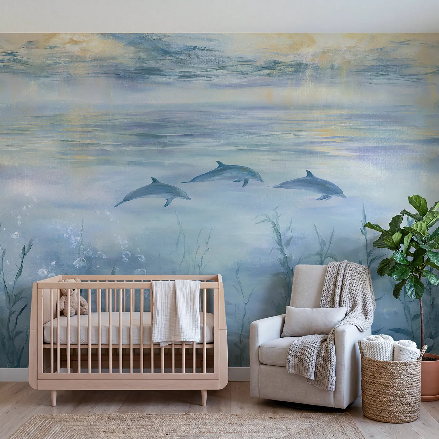 Watercolor wall mural of a dolphin pod at dawn by Whimsy Tots