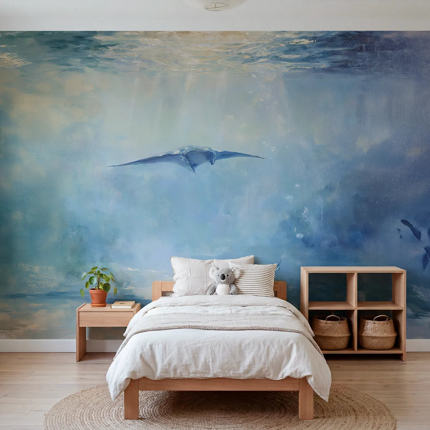 Watercolor wall mural of a soaring manta ray by Whimsy Tots