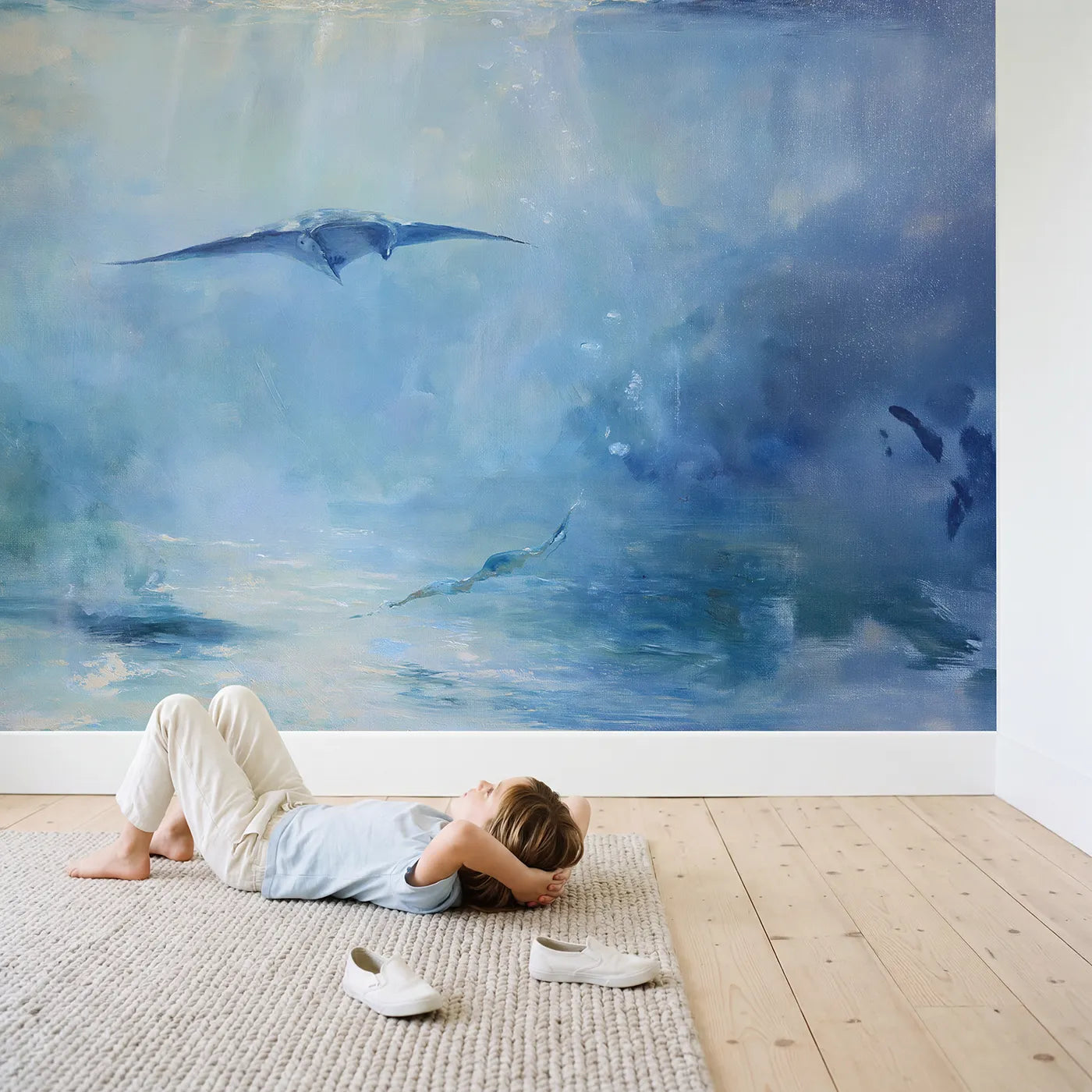 Child in nursery with Manta Ray Soar Wallpaper Mural by Whimsy Tots