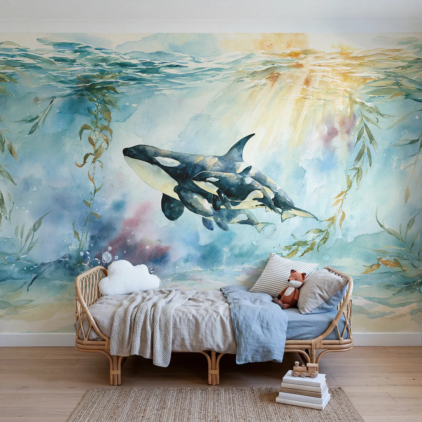 Watercolor wall mural of a gentle orca family pod by Whimsy Tots