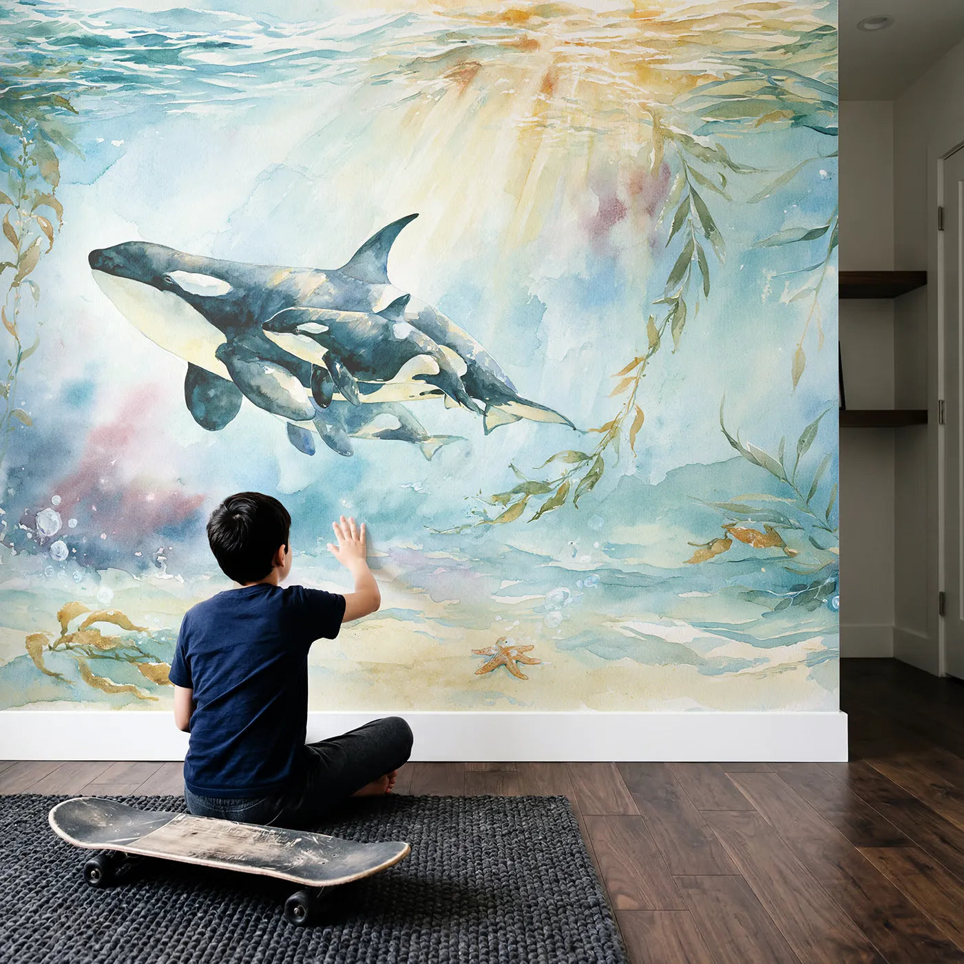 Child in nursery with Orca Family Pod Wallpaper Mural by Whimsy Tots