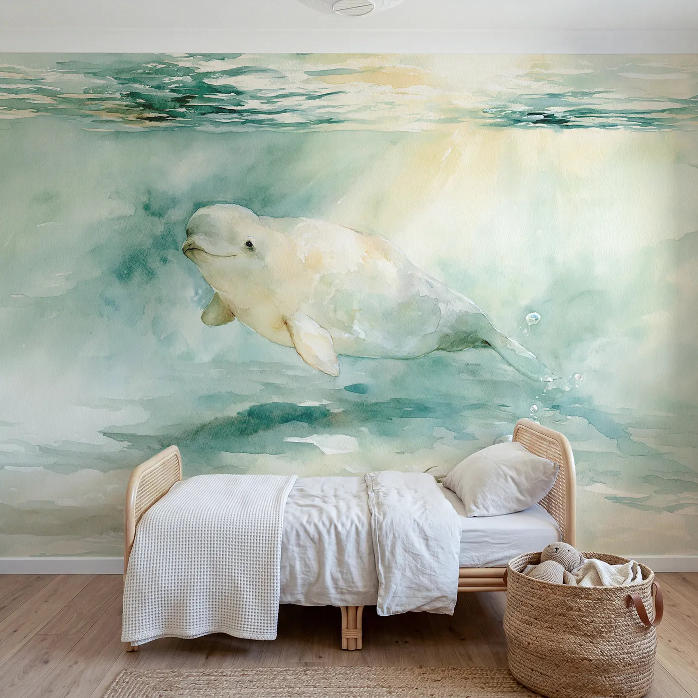 Watercolor wall mural of a smiling beluga whale by Whimsy Tots