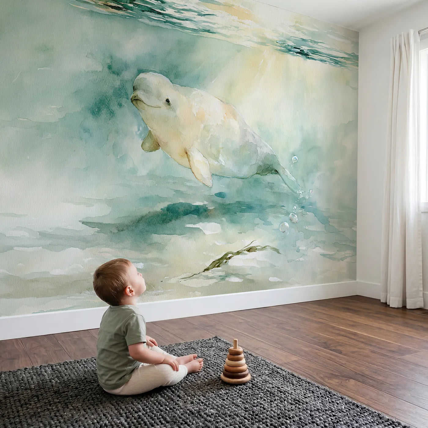 Child in nursery with Beluga Whale Smile Wallpaper Mural by Whimsy Tots