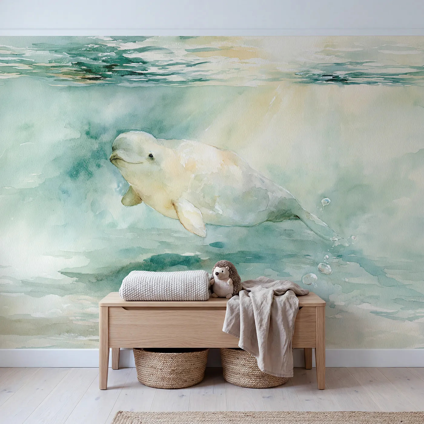 Beluga Whale Smile Wallpaper Mural in playroom setting by Whimsy Tots