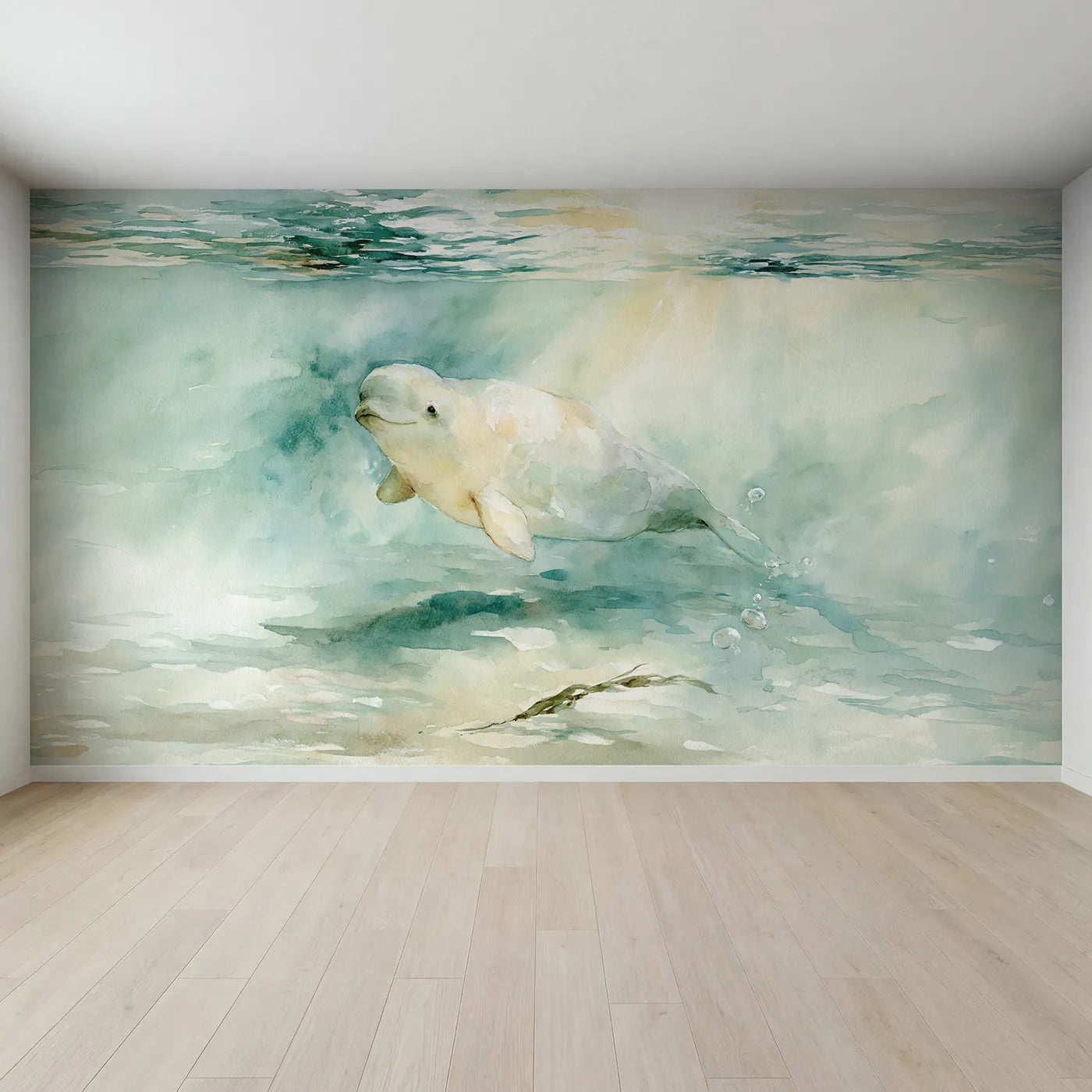 Full view of Beluga Whale Smile Wallpaper Mural by Whimsy Tots