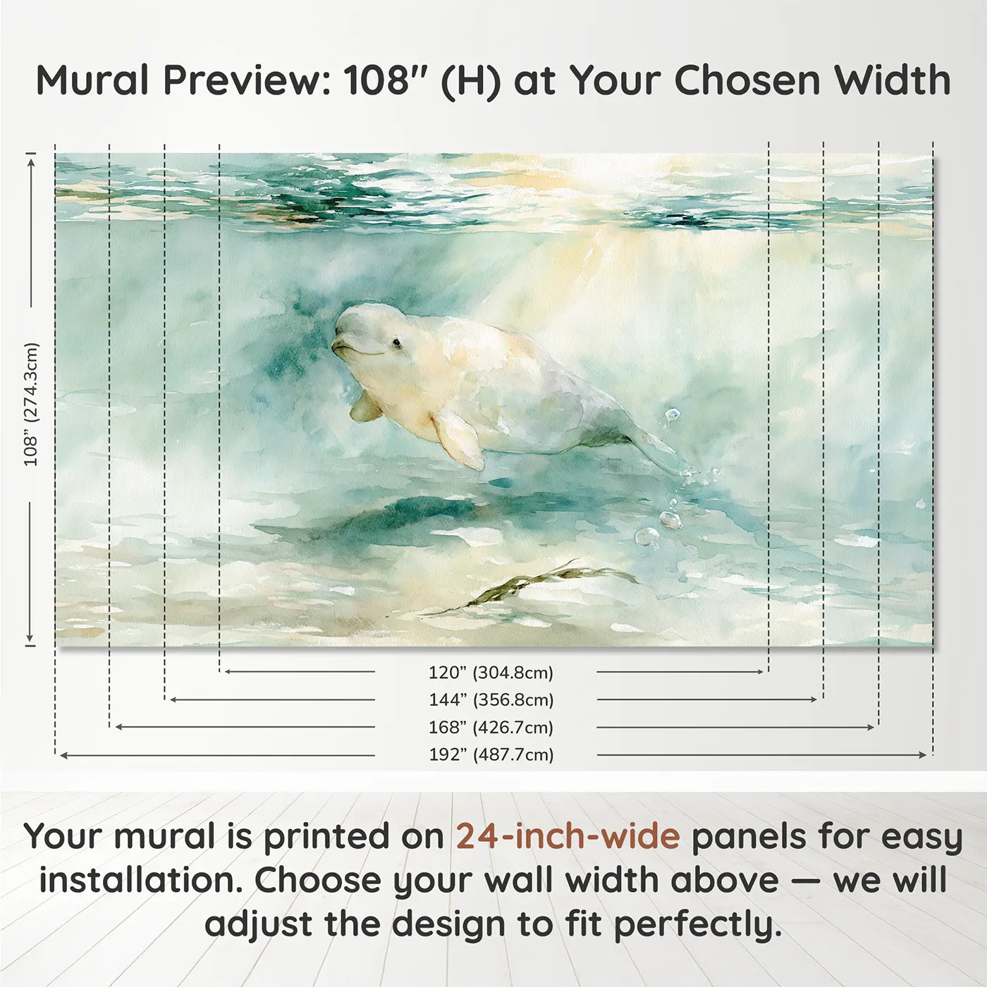 Panel layout and dimensions for Beluga Whale Smile Wallpaper Mural by Whimsy Tots