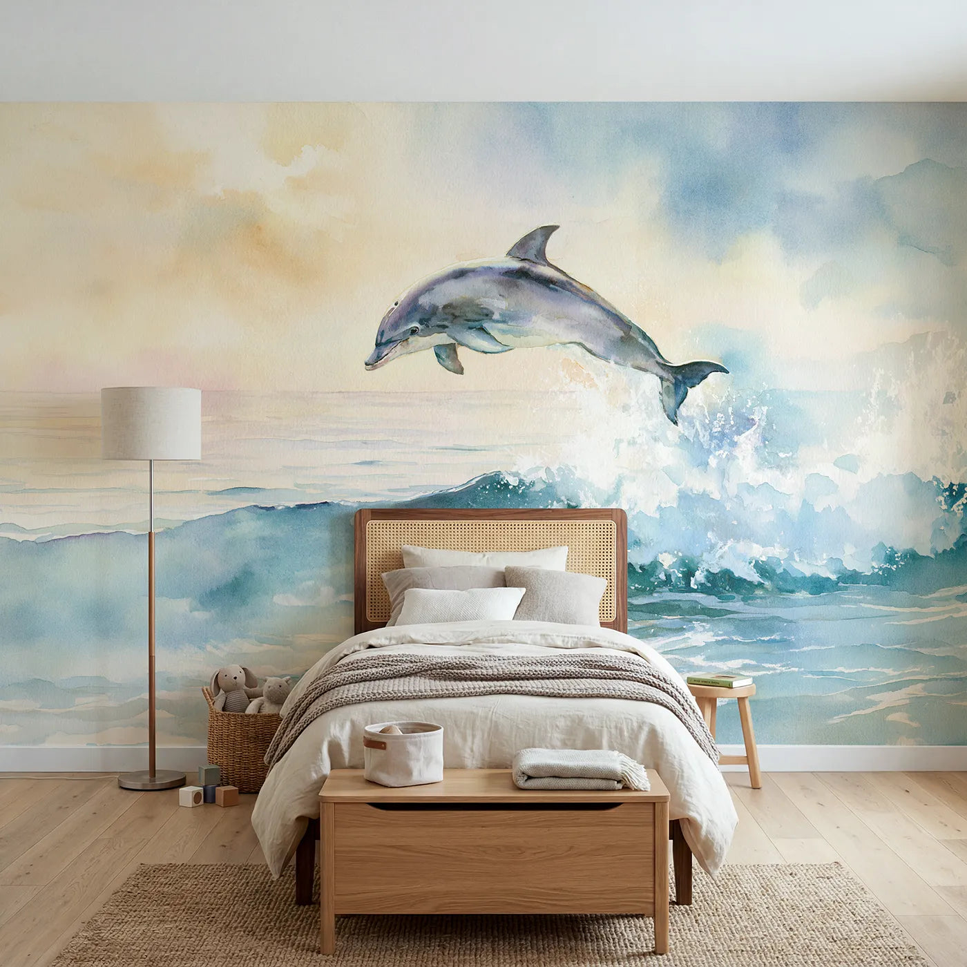Watercolor wall mural of a leaping bottlenose dolphin by Whimsy Tots