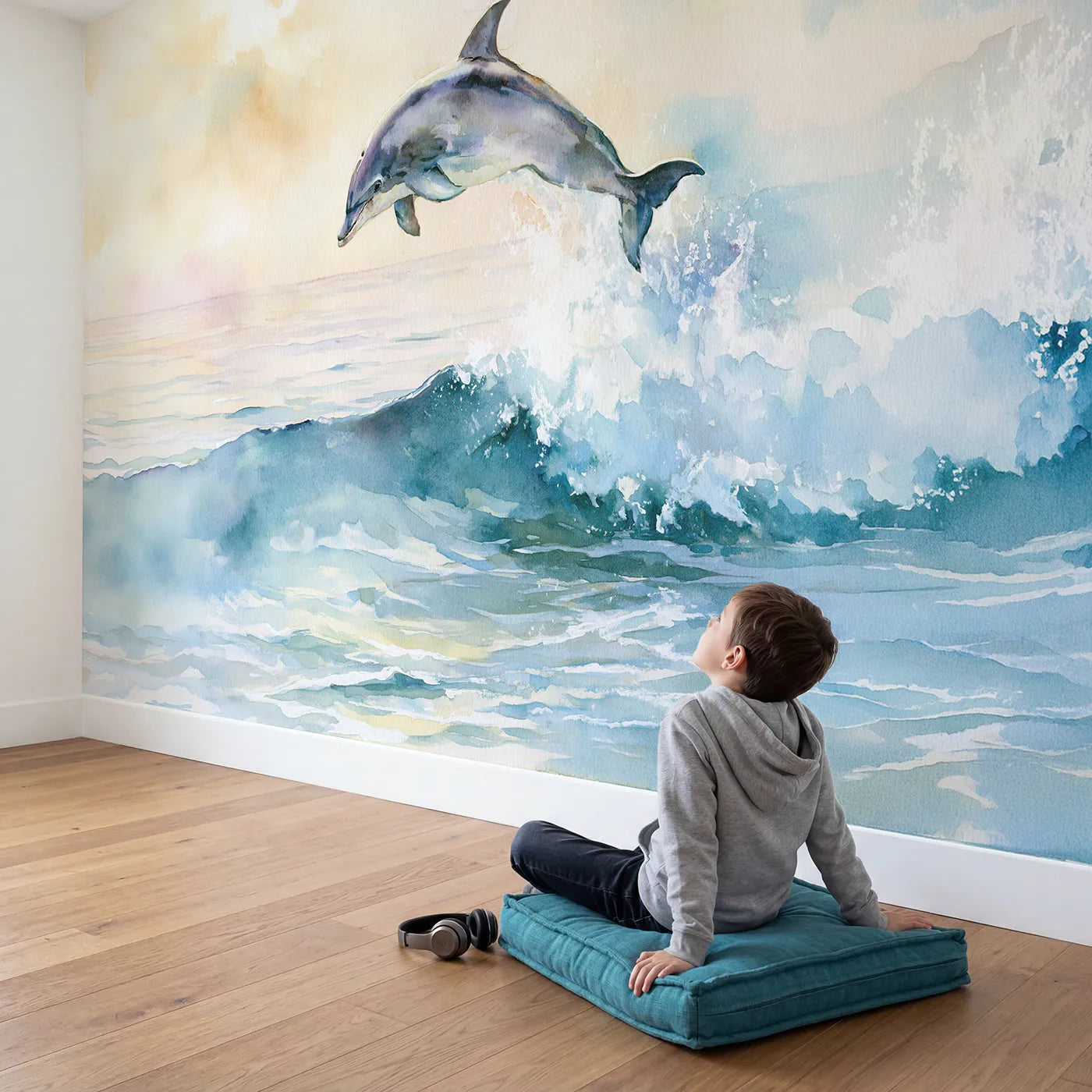 Child in nursery with Bottlenose Dolphin Leap Wallpaper Mural by Whimsy Tots
