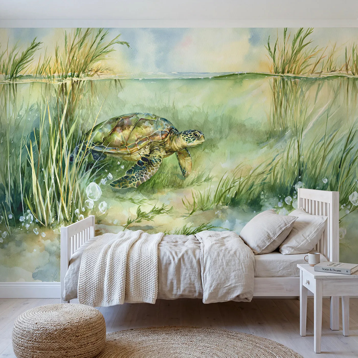 Watercolor wall mural of a green sea turtle browsing by Whimsy Tots