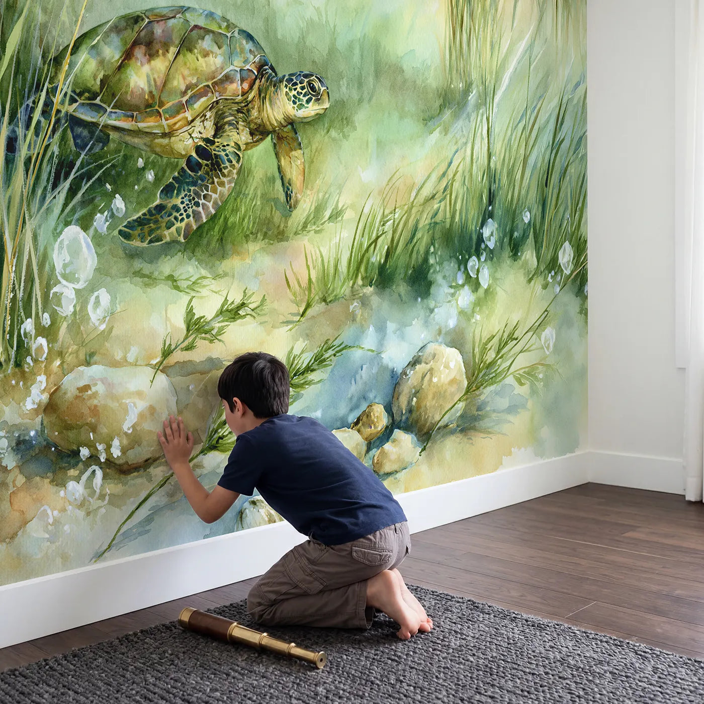 Child in nursery with Green Sea Turtle Wallpaper Mural by Whimsy Tots