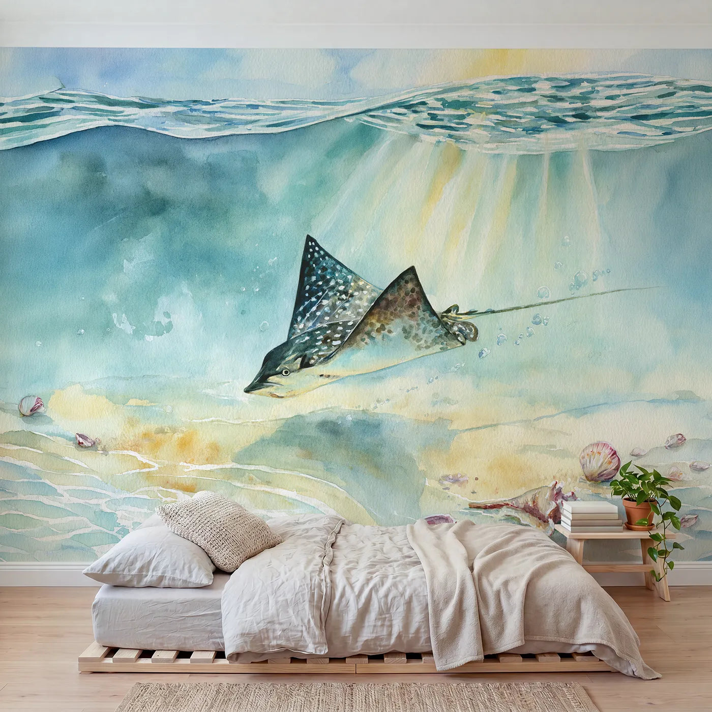 Watercolor wall mural of a spotted eagle ray by Whimsy Tots