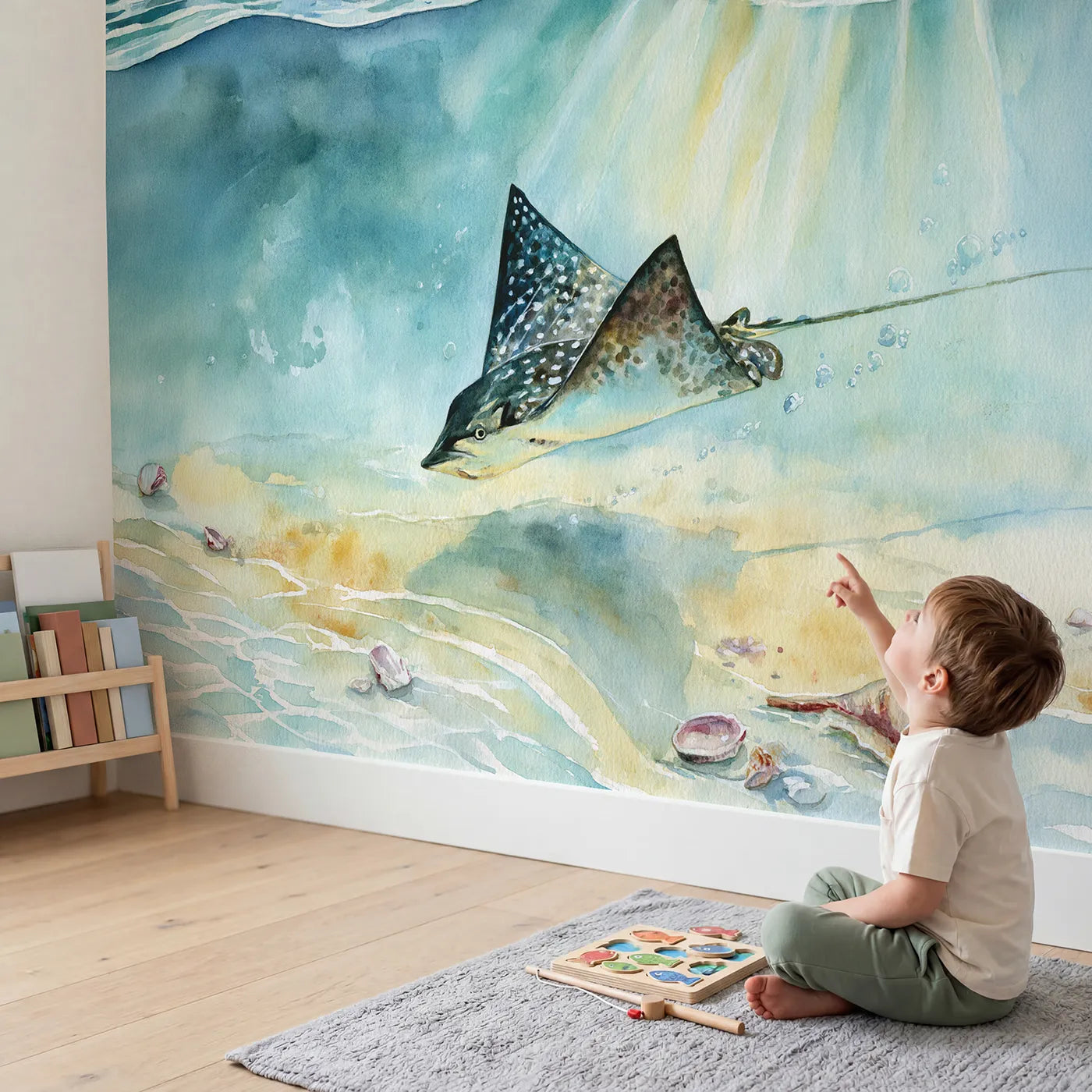 Child in nursery with Spotted Eagle Ray Wallpaper Mural by Whimsy Tots