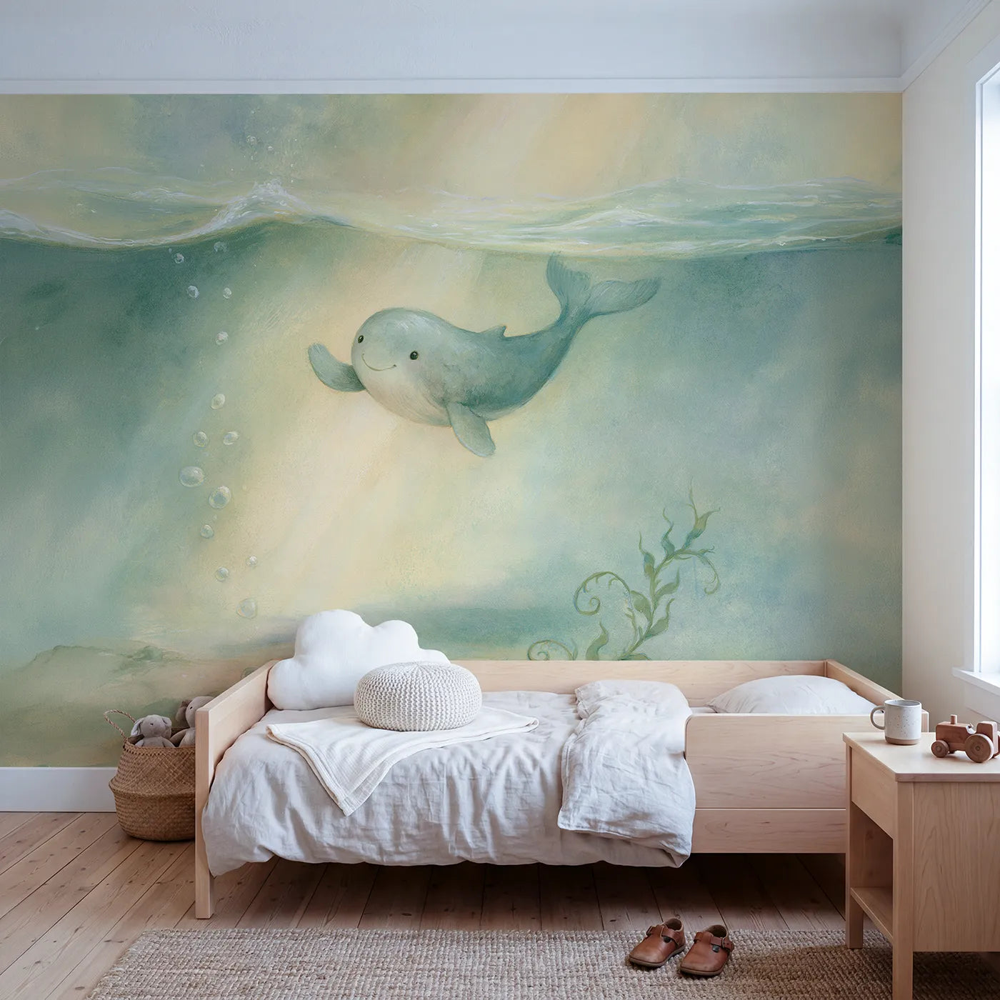 Storybook wall mural of a friendly whale waving hello by Whimsy Tots