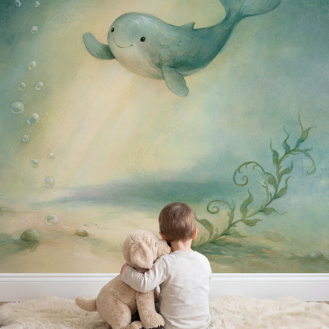 Child in nursery with Friendly Whale Hello Wallpaper Mural by Whimsy Tots