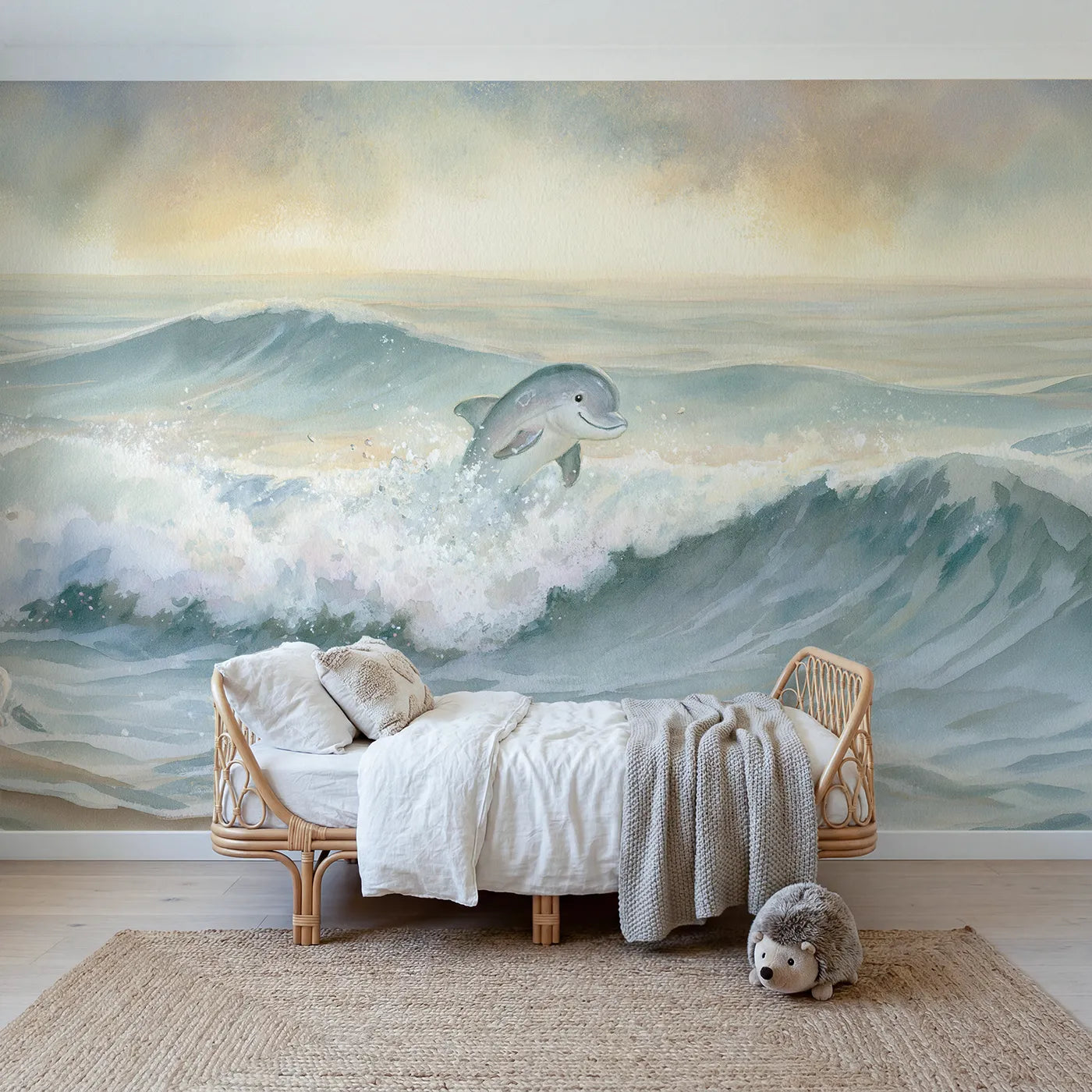 Storybook wall mural of a happy splashing dolphin by Whimsy Tots