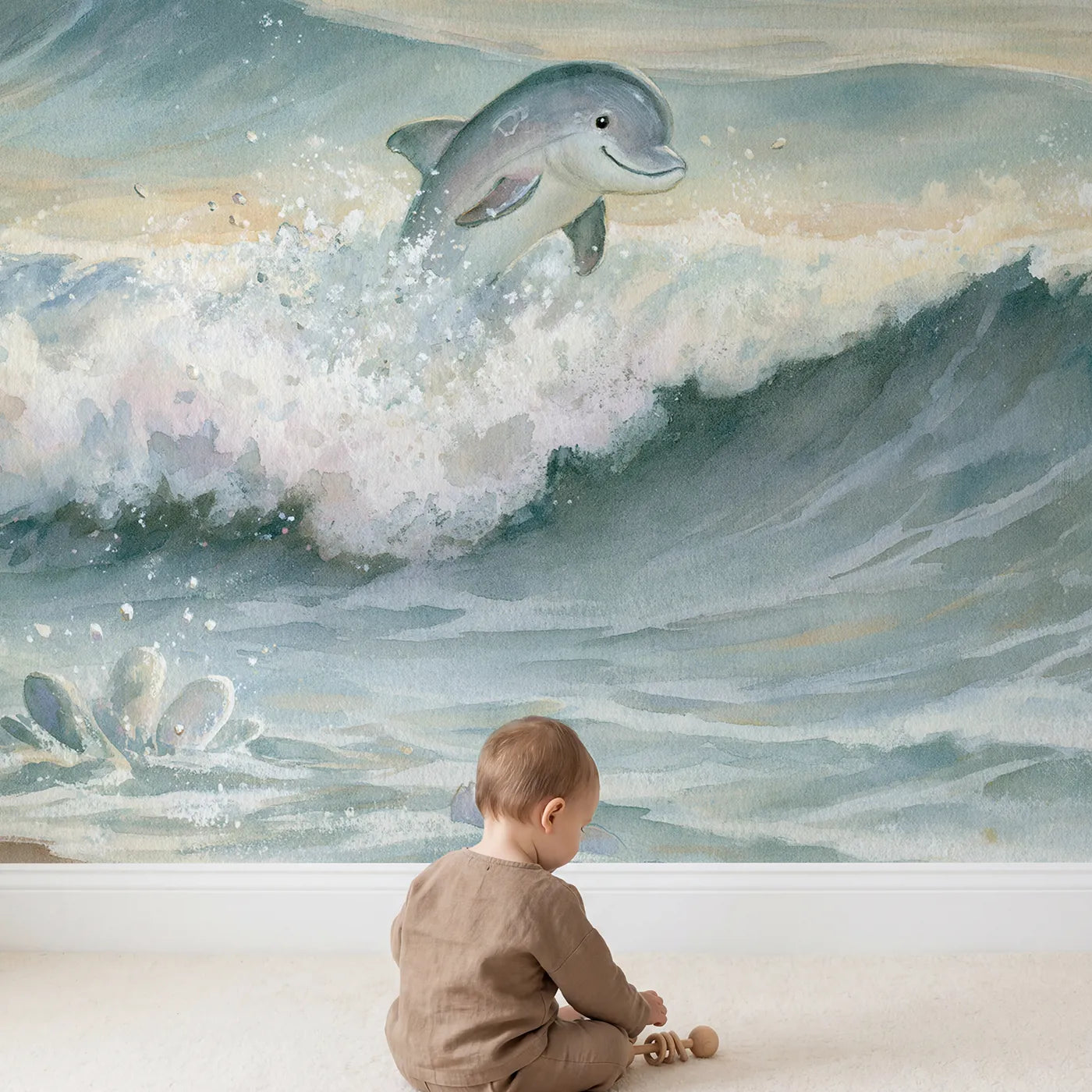 Child in nursery with Happy Dolphin Splash Wallpaper Mural by Whimsy Tots