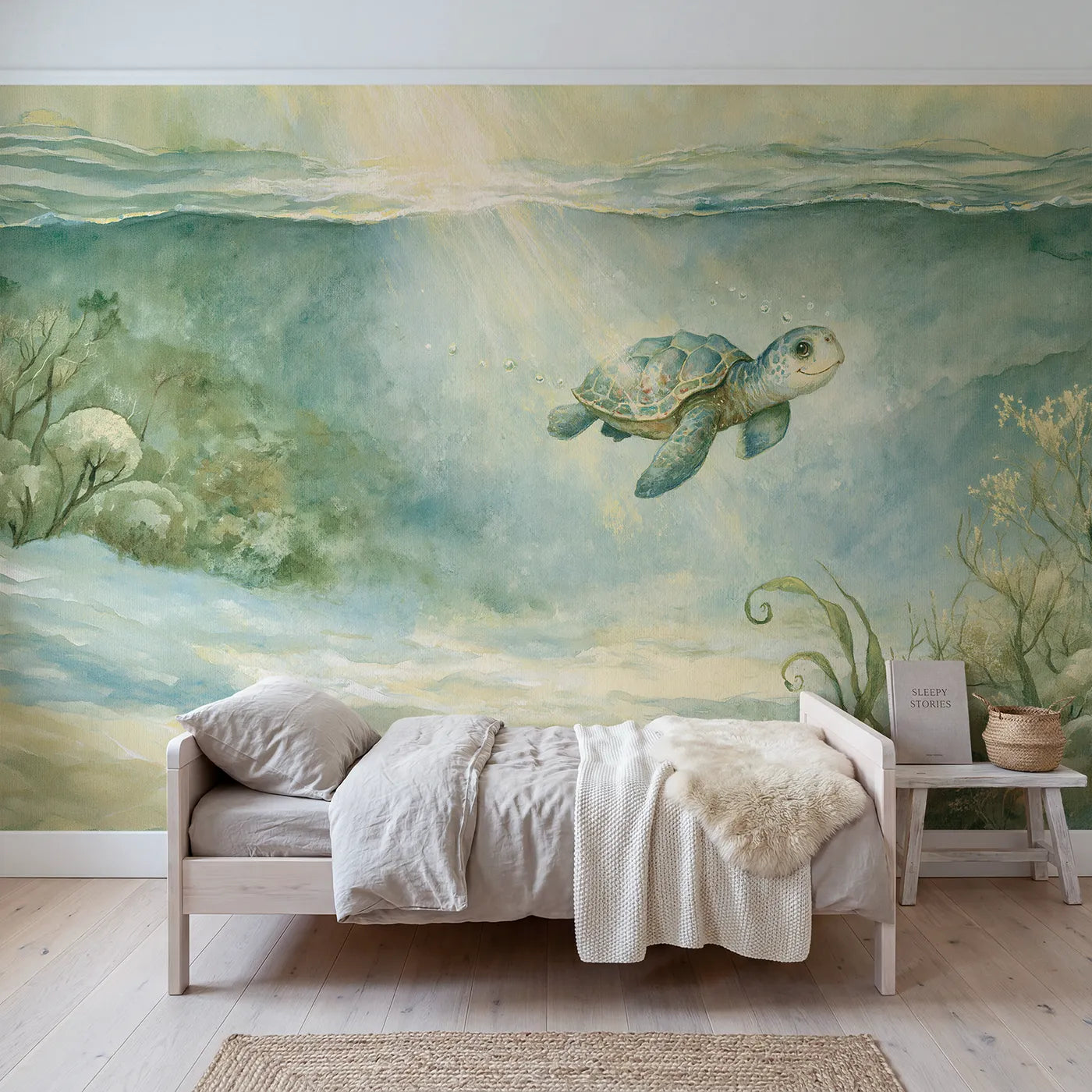 Storybook wall mural of a smiling sea turtle by Whimsy Tots