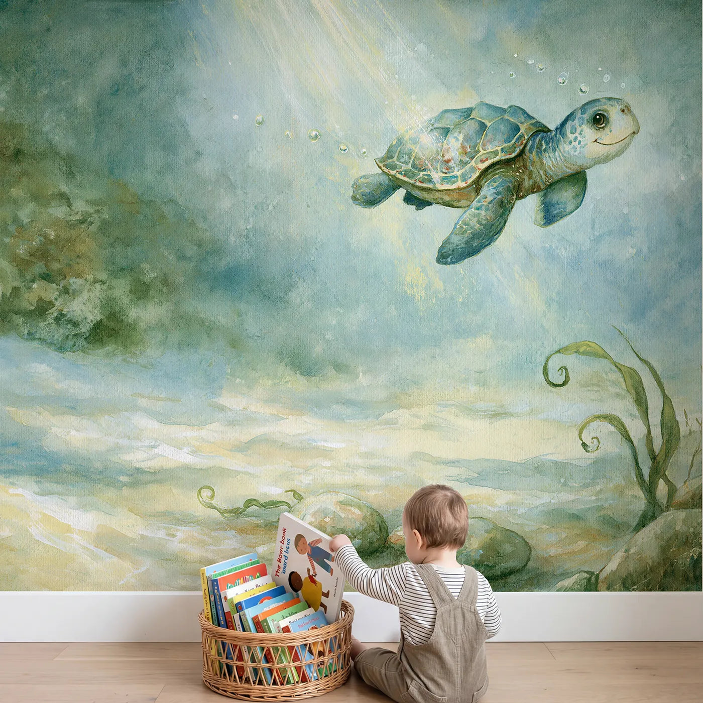 Child in nursery with Smiling Sea Turtle Wallpaper Mural by Whimsy Tots