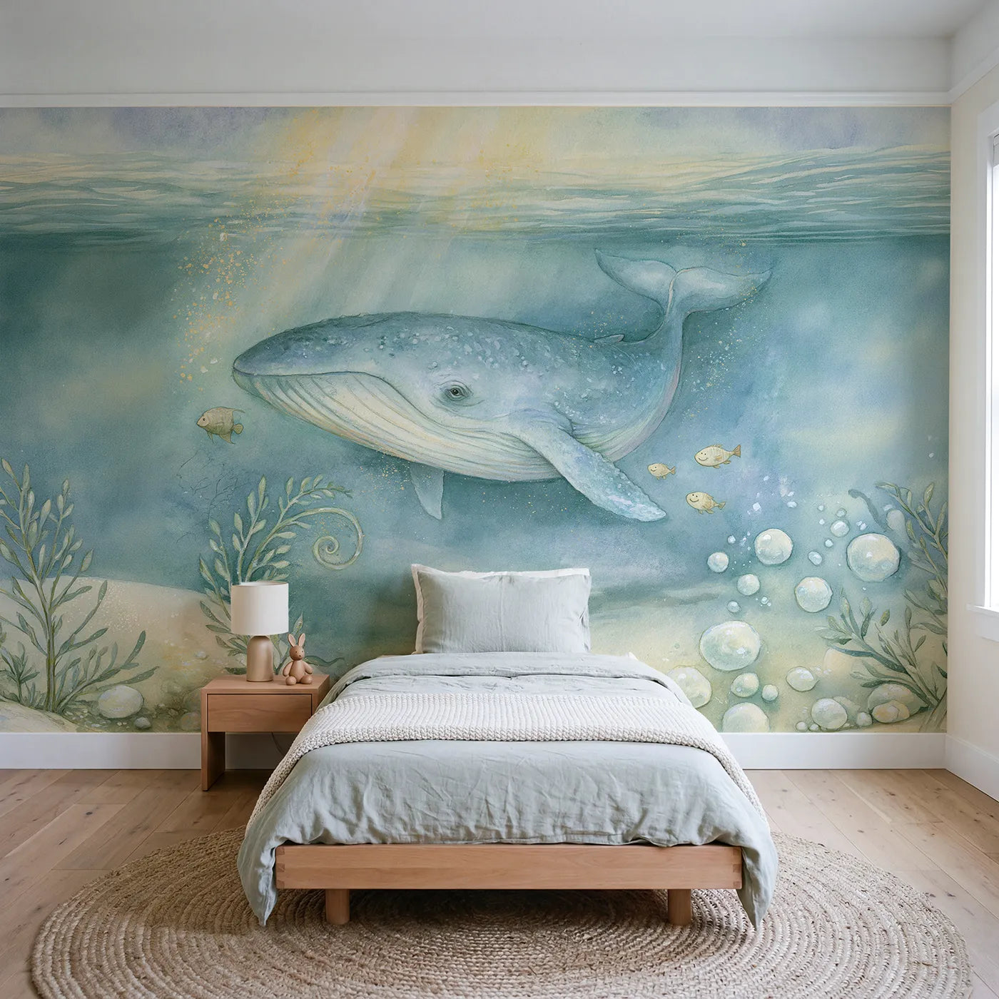Storybook wall mural of a gentle giant whale and friends by Whimsy Tots